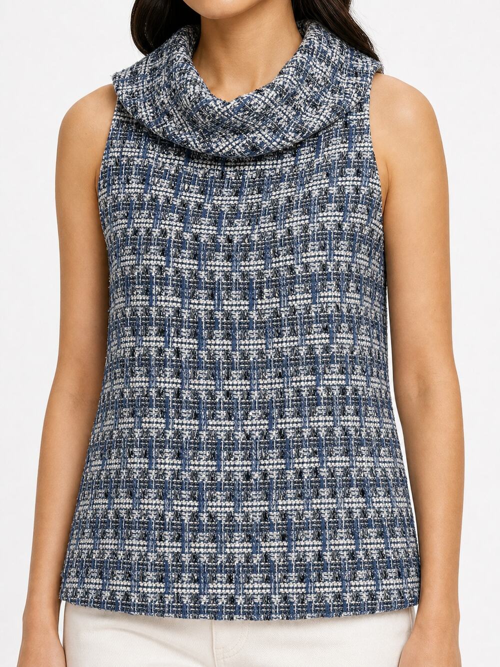 Sail to Sable Blue White Tweed Pearl Button Back Cowl Neck Sleeveless Top XS